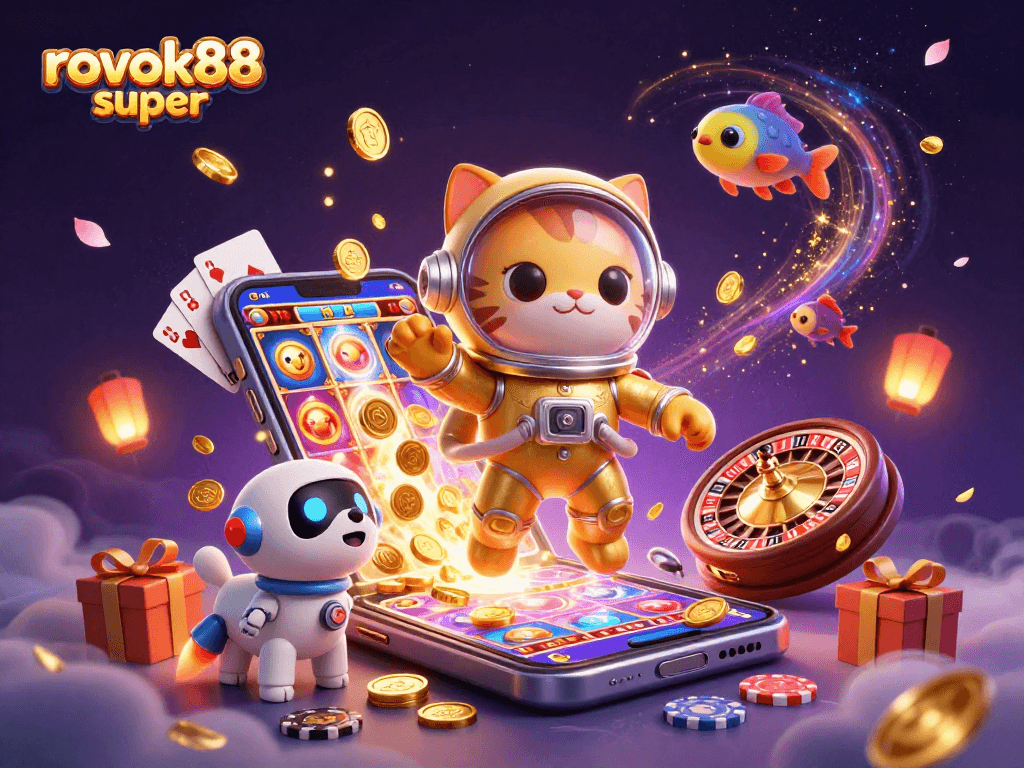 Experience the magic of rokok88 super with vibrant slot games and playful characters in a cosmic setting.