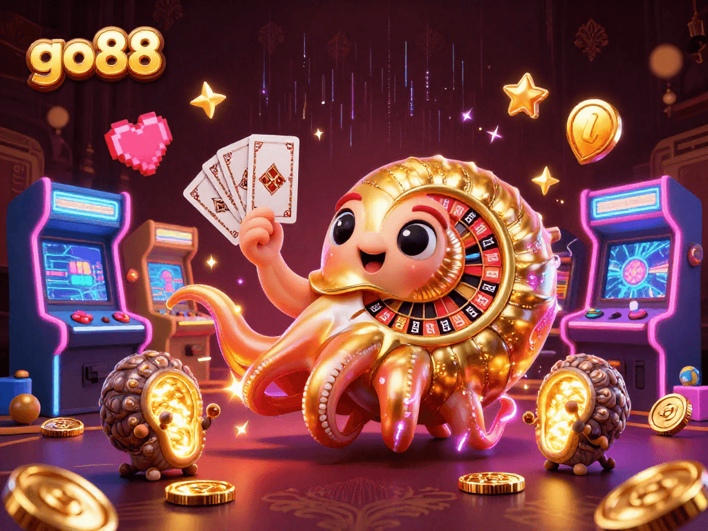 Experience thrilling casino action at go88 with a vibrant 3D illustration showcasing exciting gaming elements.