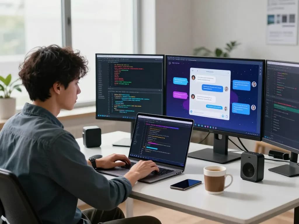 Engineer working on spicy chat ai project in a modern office setting.