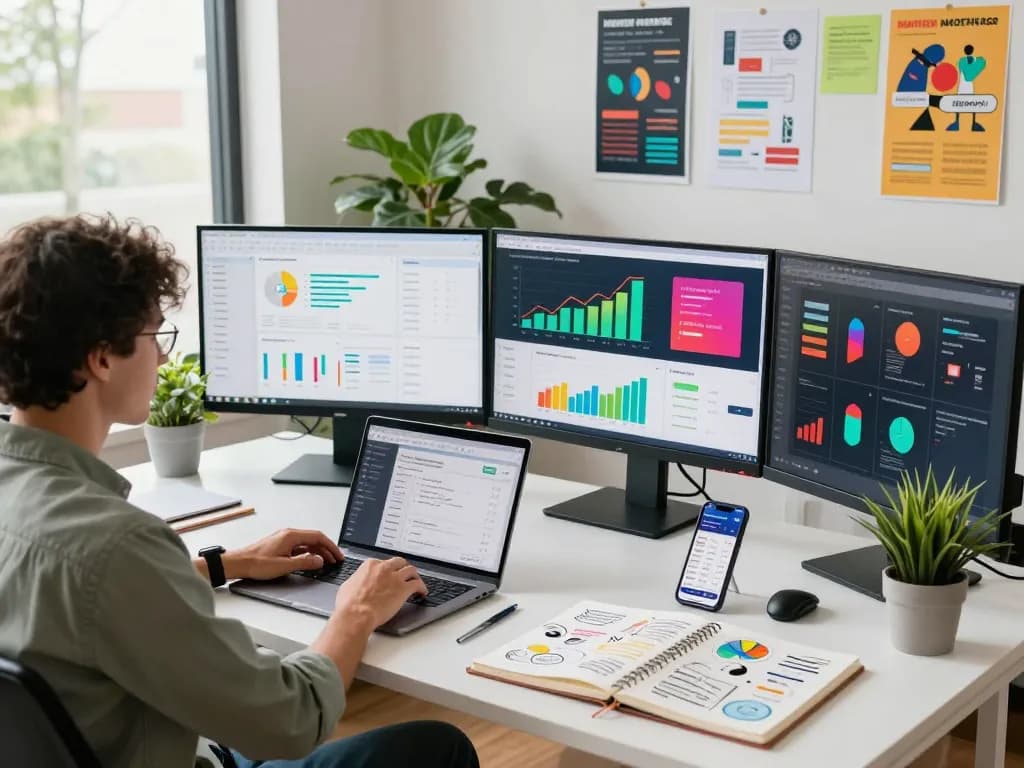 Marketing strategist using juicy ai for data-driven decisions in a bright office.