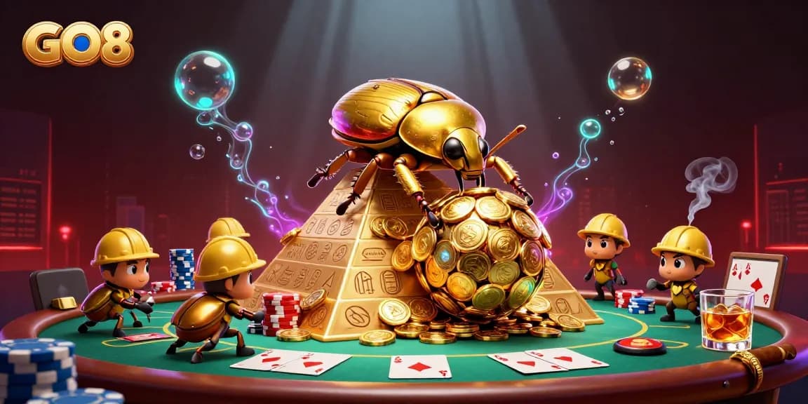 GO8 showcases a massive golden beetle amidst casino symbols and poker action in vibrant 3D.