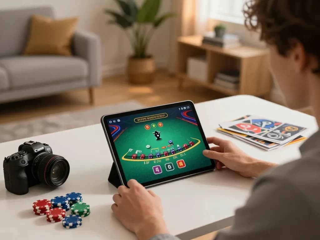 Engaged player on Fun88 com enjoying online blackjack with strategy notes at home