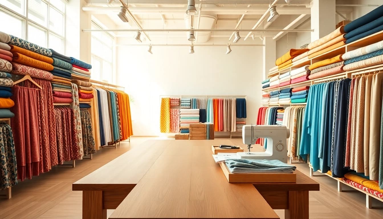 Bekijk diverse stoffen online met levendige kleuren en texturen in een luxe showroom.