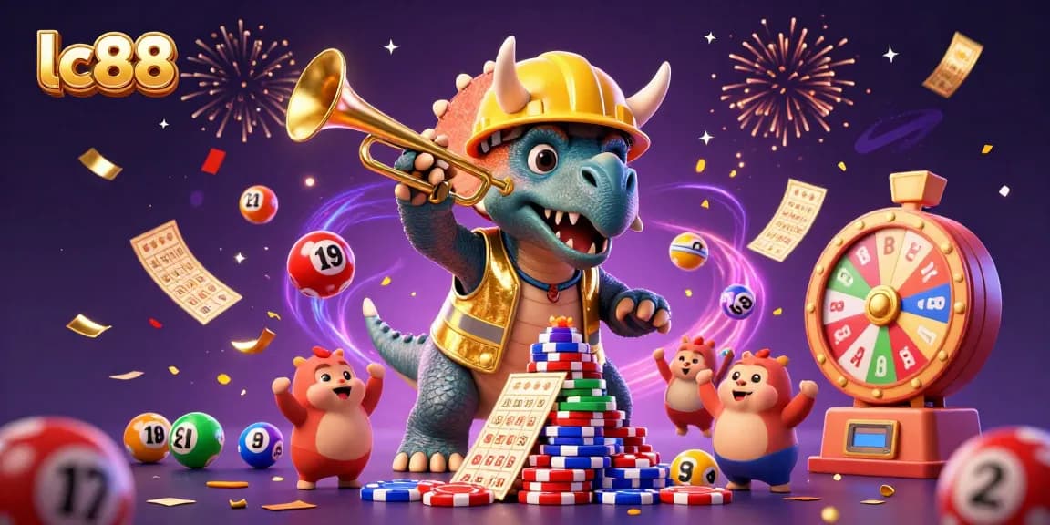 Engage in thrilling gameplay at lc88 as a vibrant celebration unfolds with cards, poker chips, and lottery fun.