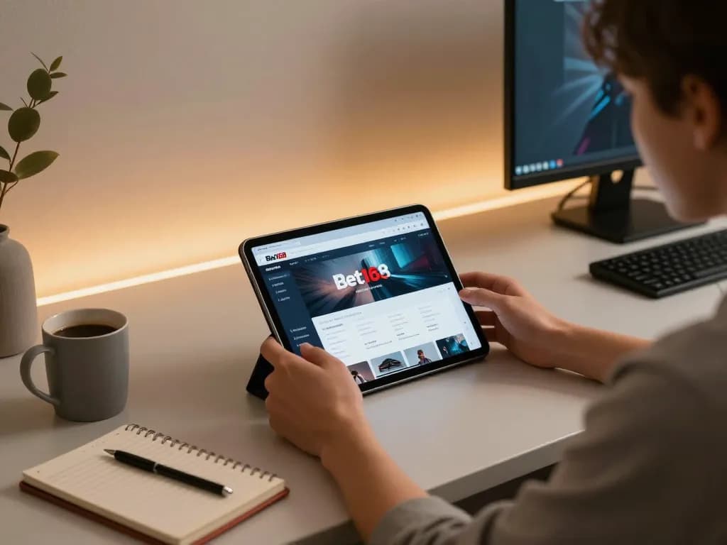 Experience Bet168 online gaming with a dynamic tablet interface and strategic notes in a cozy atmosphere