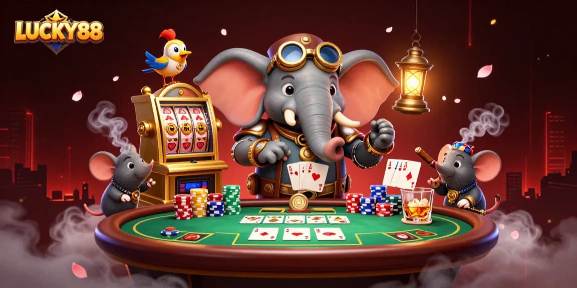 Experience the excitement of LUCKY88 with steampunk elements and vibrant casino symbols in this dynamic illustration.