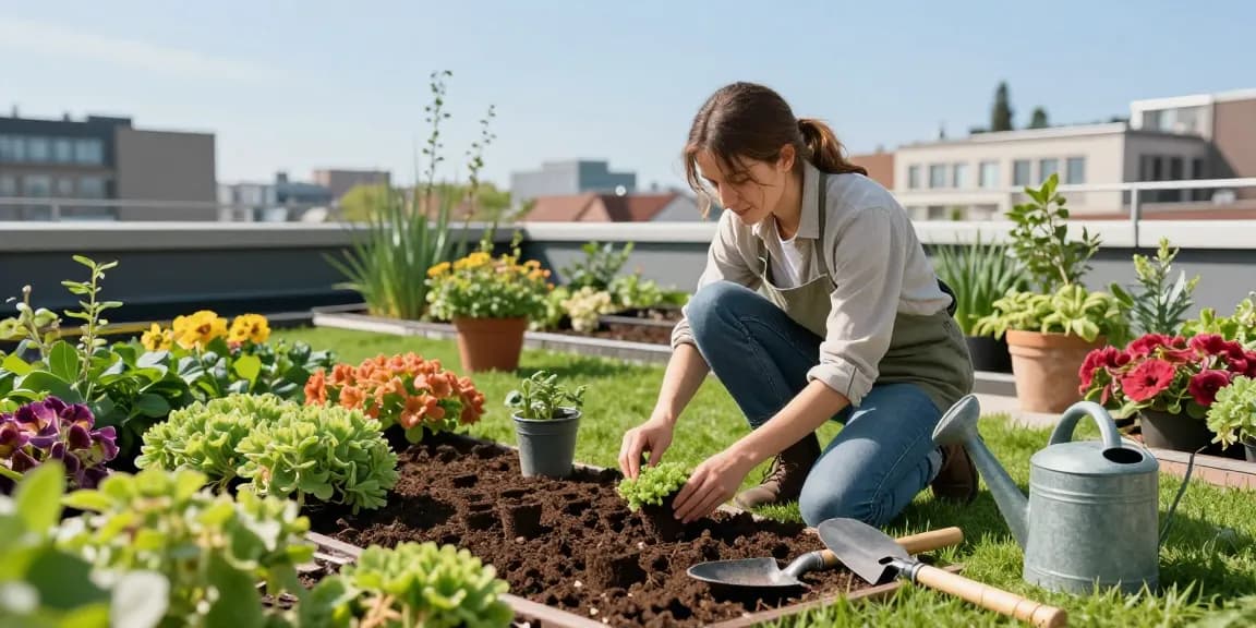 Tuinier plant sedum bijzaaien in een levendige daktuin.
