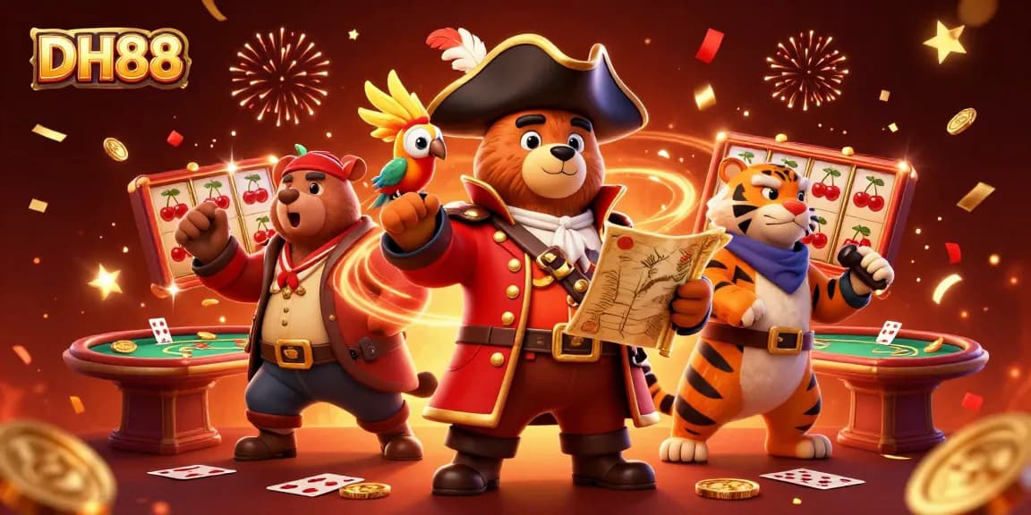 Engage with the thrilling DH88 casino experience featuring dynamic slots and vibrant characters in a festive scene.