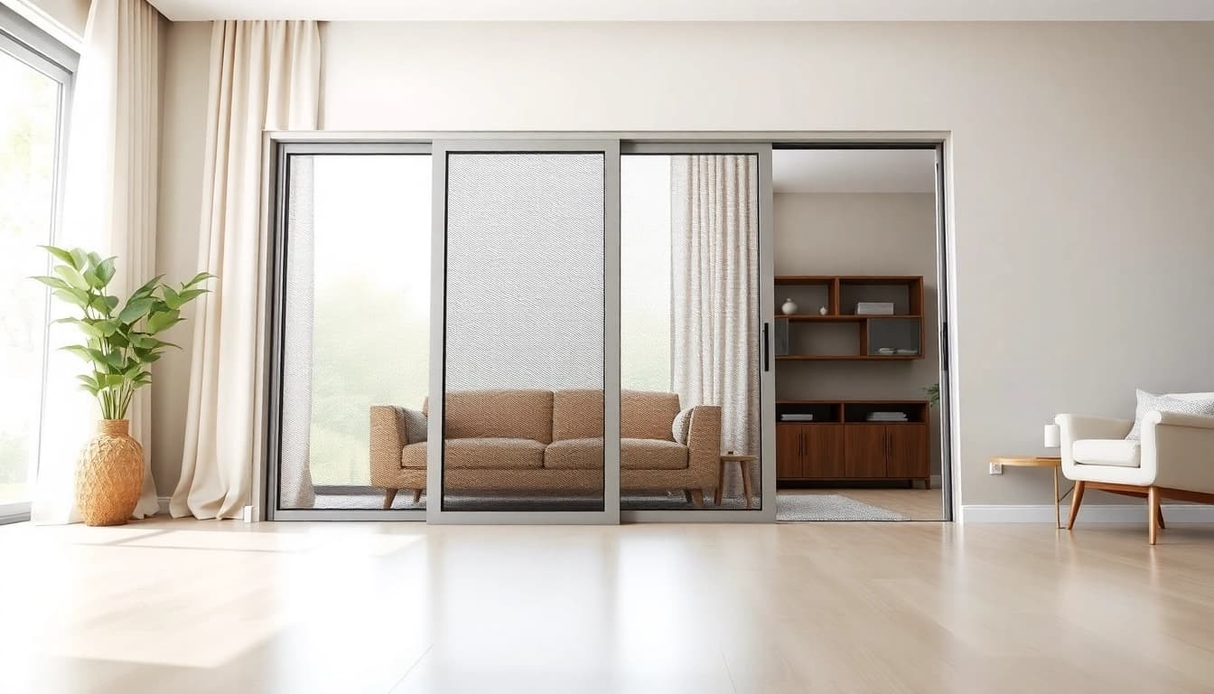 Perfecte hordeur op maat met strak design en transparante gaas in moderne woonkamer.