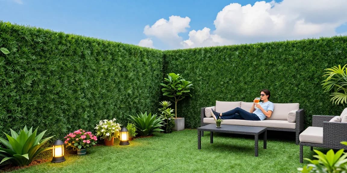Leafely's prachtige buitenruimte verrijkt met levendige kunstheggen en decoratieve planten.