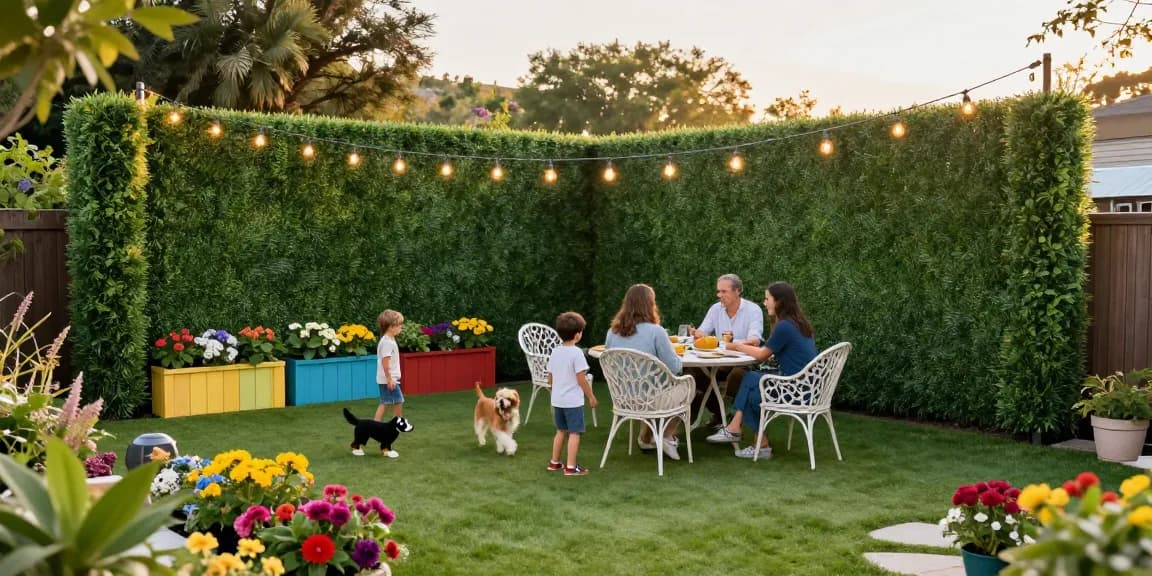 Kunstmatige heggen van Leafely verbeteren familiebijeenkomsten in een levendige tuinsetting.