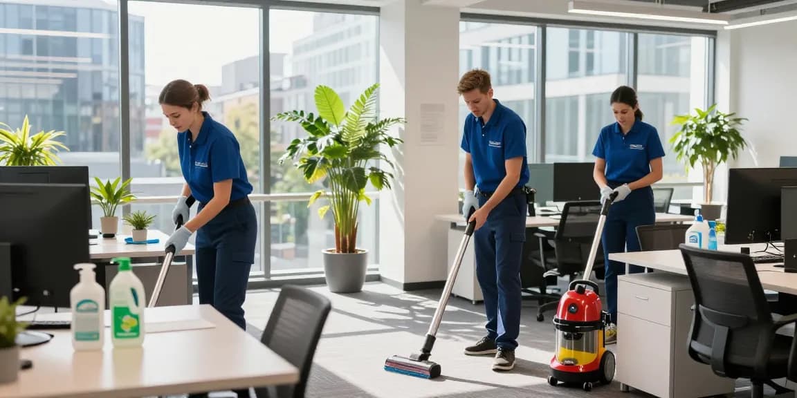 Schoonmaakbedrijf Den Haag showcasing professional cleaners sanitizing a modern office.
