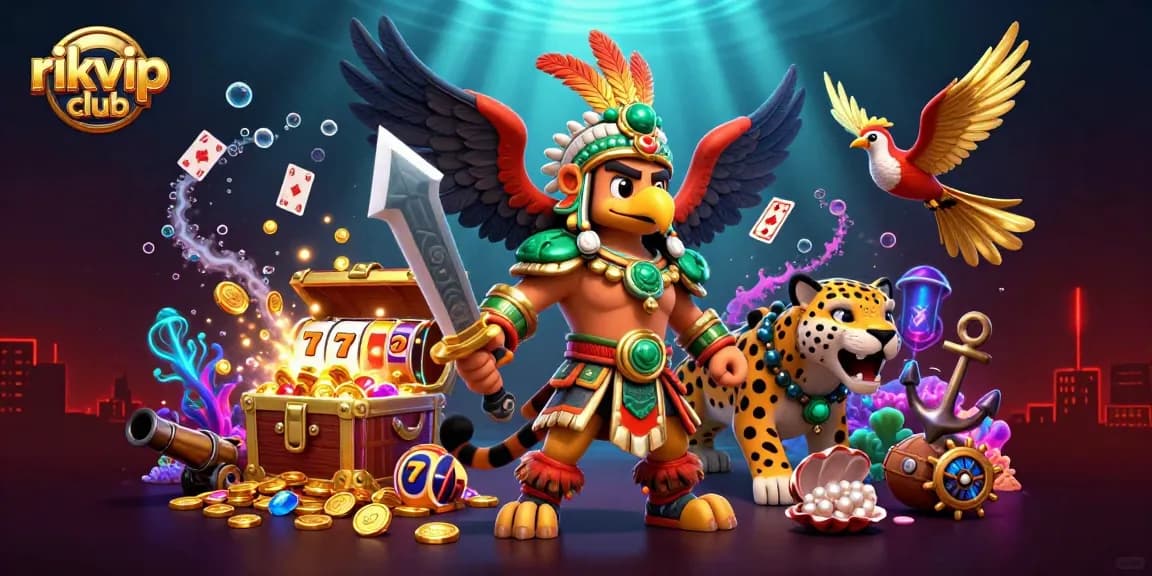 Experience gaming excitement with rikvip club's dynamic 3D scene featuring Aztec warriors and vibrant slot elements.