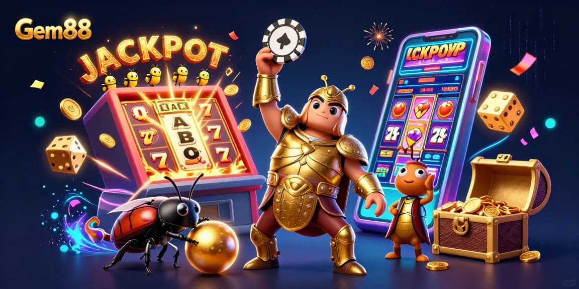 Gem88 players celebrate winnings under a jackpot explosion with vibrant 3D illustration.