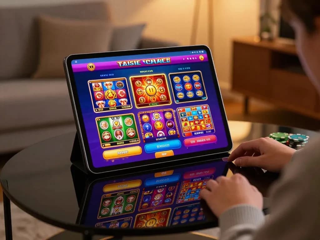 Engage in thrilling online gaming at alo8 with vibrant slots and poker options on a tablet.