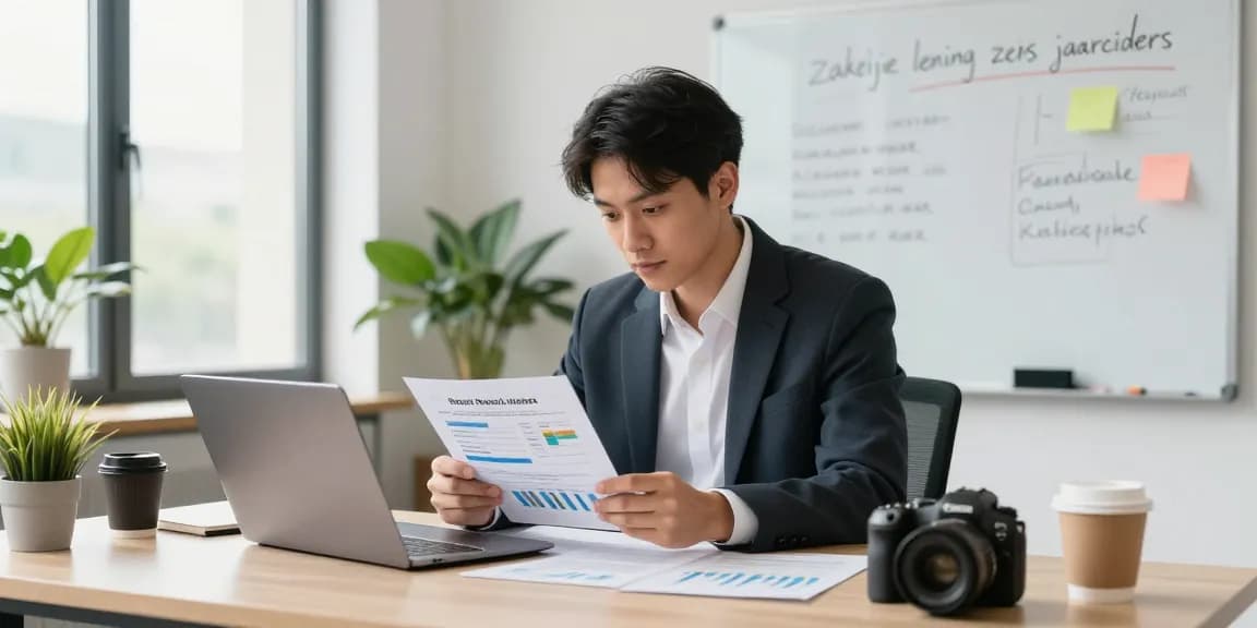 Zakelijke lening zonder jaarcijfers: ondernemer bekijkt financieringsopties en documenten in moderne kantooromgeving.
