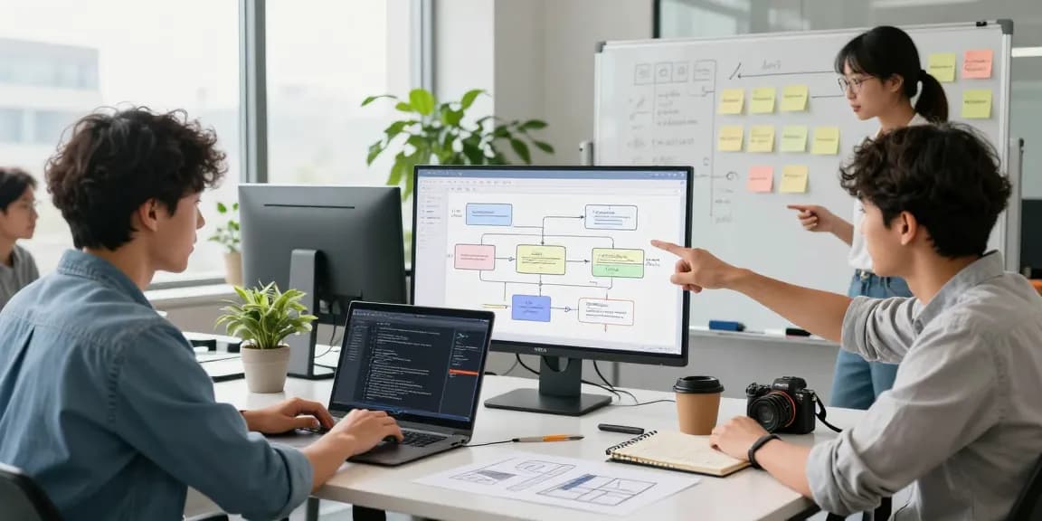 Building internal tools with AI in a collaborative tech workspace showing diverse professionals engaged in development.