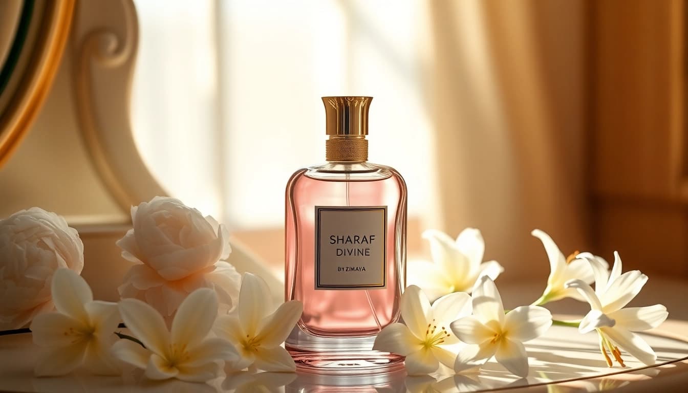 Ontdek de verfijnde geur van Sharaf Divine by Zimaya in een elegante setting met bloemen.