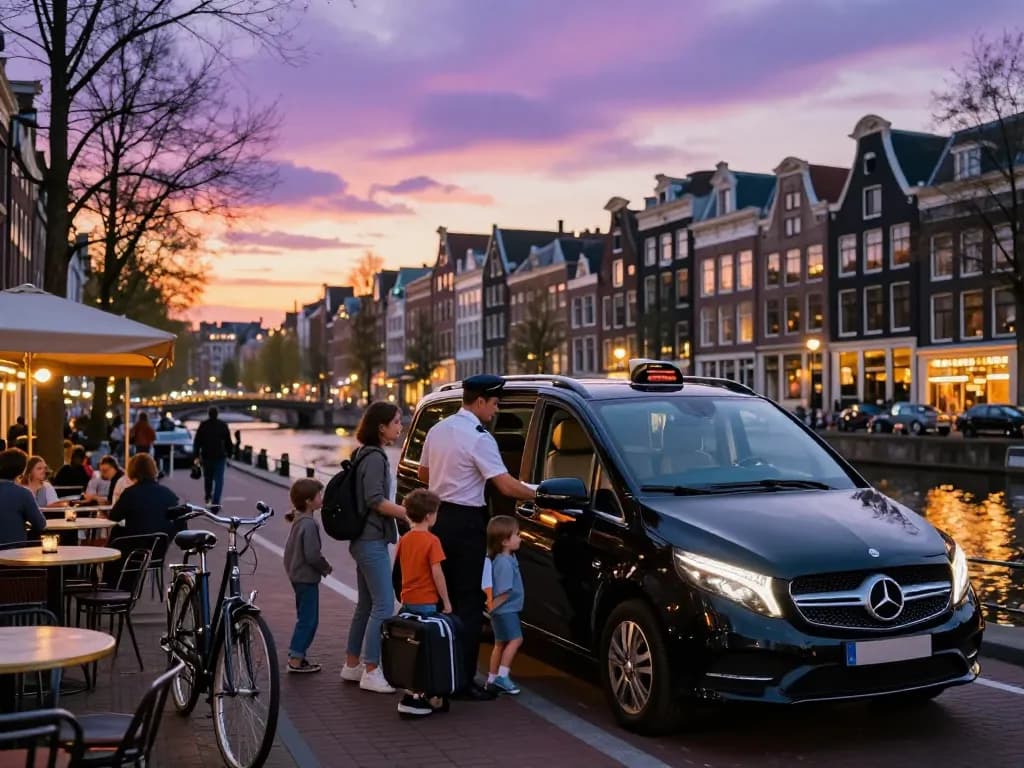 Ervaar premium Taxi Amsterdam service met luxe Mercedes, vriendelijke chauffeur en een levendige stadsachtergrond.