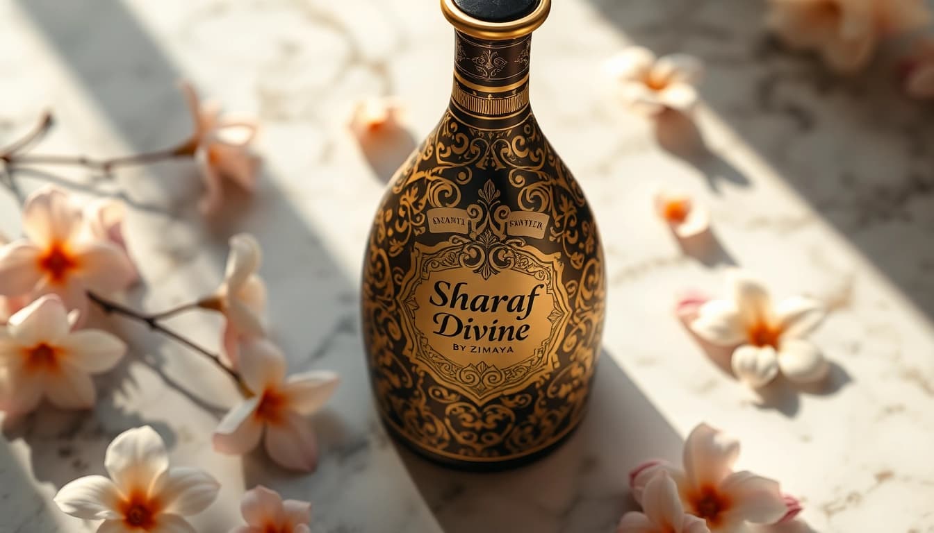 Showcasing Sharaf Divine by Zimaya perfume bottle elegantly surrounded by flowers.