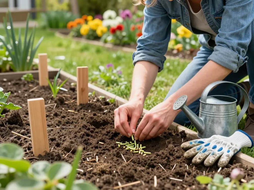 Gardener planting groene asperges zaaien seeds in vibrant home garden.