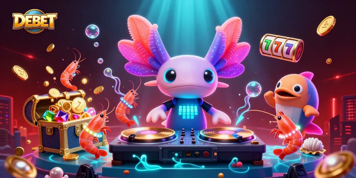 Experience DEBET in a vibrant underwater casino scene with engaging characters and thrilling game elements.