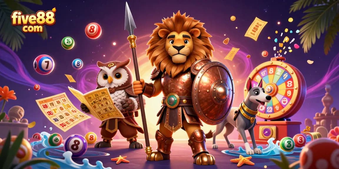 Engage with five88 com's vibrant gaming scene, featuring a Spartan lion, owl, and greyhound with colorful lottery elements.