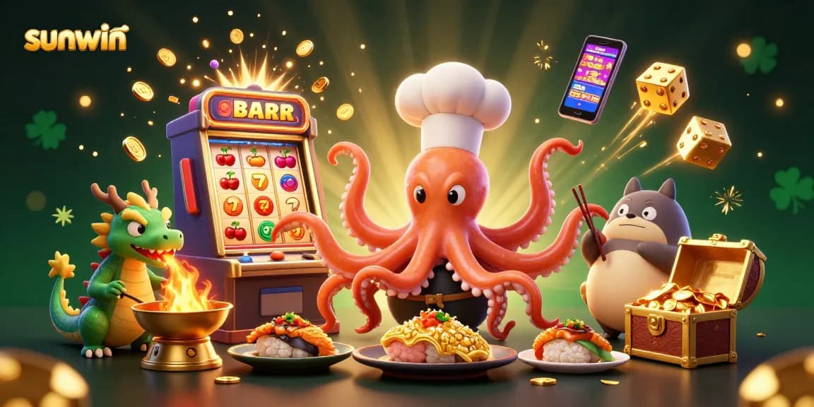 Experience sunwin's vibrant casino magic with a whimsical 3D sushi chef octopus and friends.