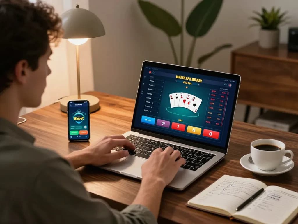 Player strategizing on 8kbet poker app in a cozy home office setting, showcasing smart bankroll management.