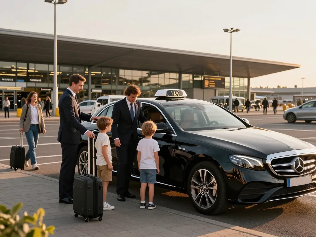 Taxi Amsterdam service met professionele chauffeur die een gezin helpt op Schiphol Airport.