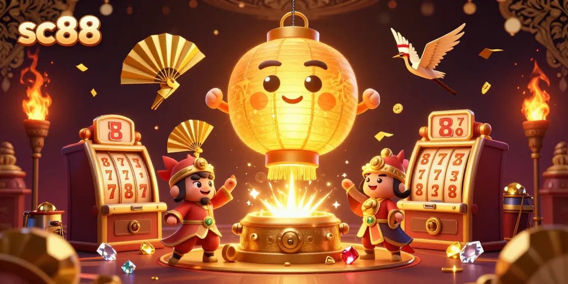 Engage with the lively sc88 casino scene featuring glowing lantern spirit and slot machines.
