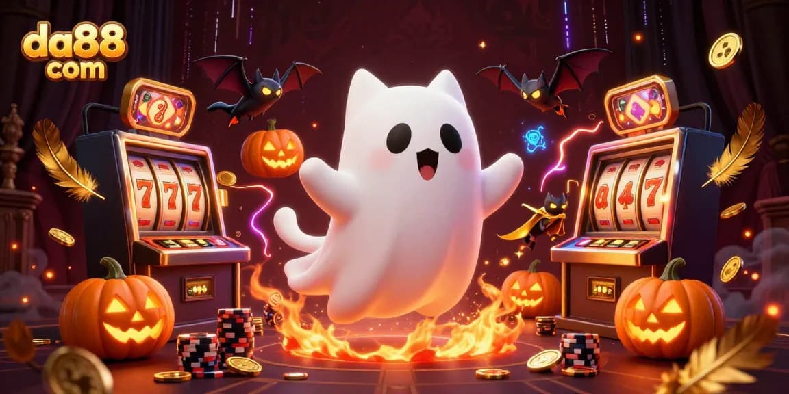 Experience thrilling gaming at da88 com with a ghost cat and vampire bat in a haunted casino.