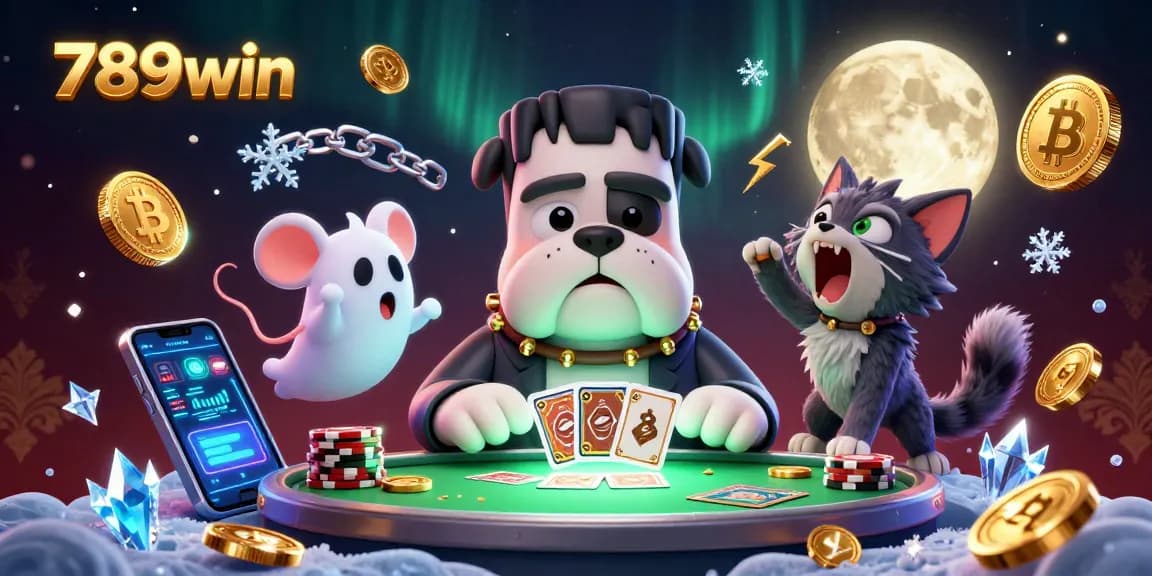 Play cards with the 789win character at a spooky casino table surrounded by cryptocurrency elements.