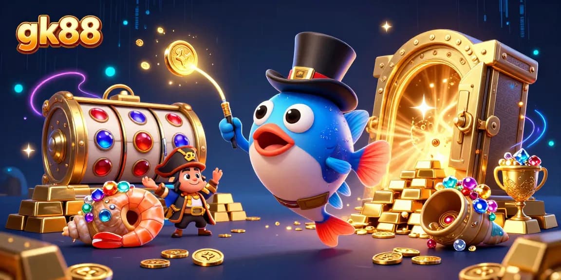 Engage with gk88's thrilling casino elements through vibrant 3D animation showcasing gold coins and jackpots.