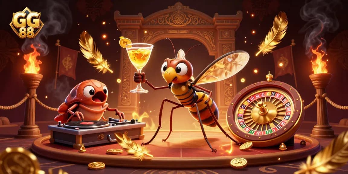 Engage with GG 88's vibrant casino world, featuring animated characters celebrating with golden rewards and rich gaming elements.