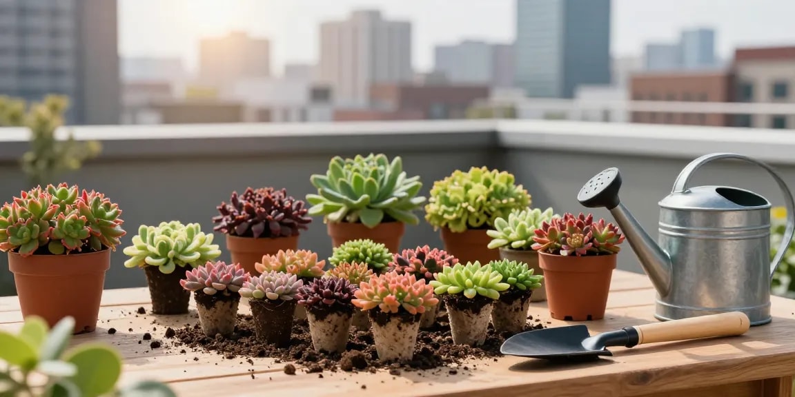 Levendige scène van sedum bijzaaien op een daktuin, die tuinactiviteit toont.