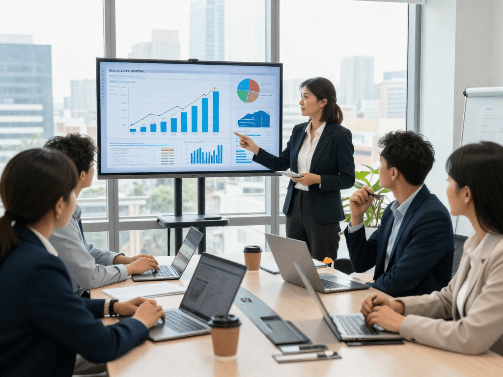 Welkruvozan team in een moderne kantooromgeving tijdens een vergadering met datavisualisaties en samenwerking.