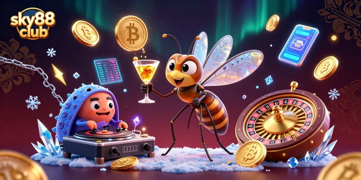 Experience the thrilling action at sky88 club with DJ trilobite and a lively casino mascot in 3D illustration.