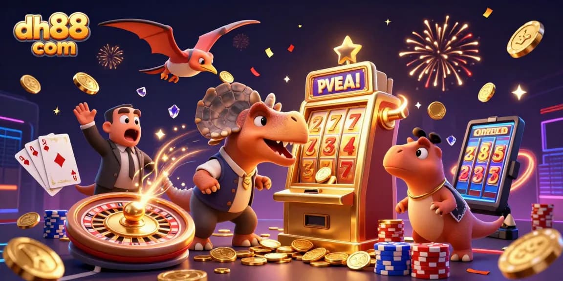 Experience the excitement of dh88 com with a colorful casino illustration featuring dynamic characters and games.