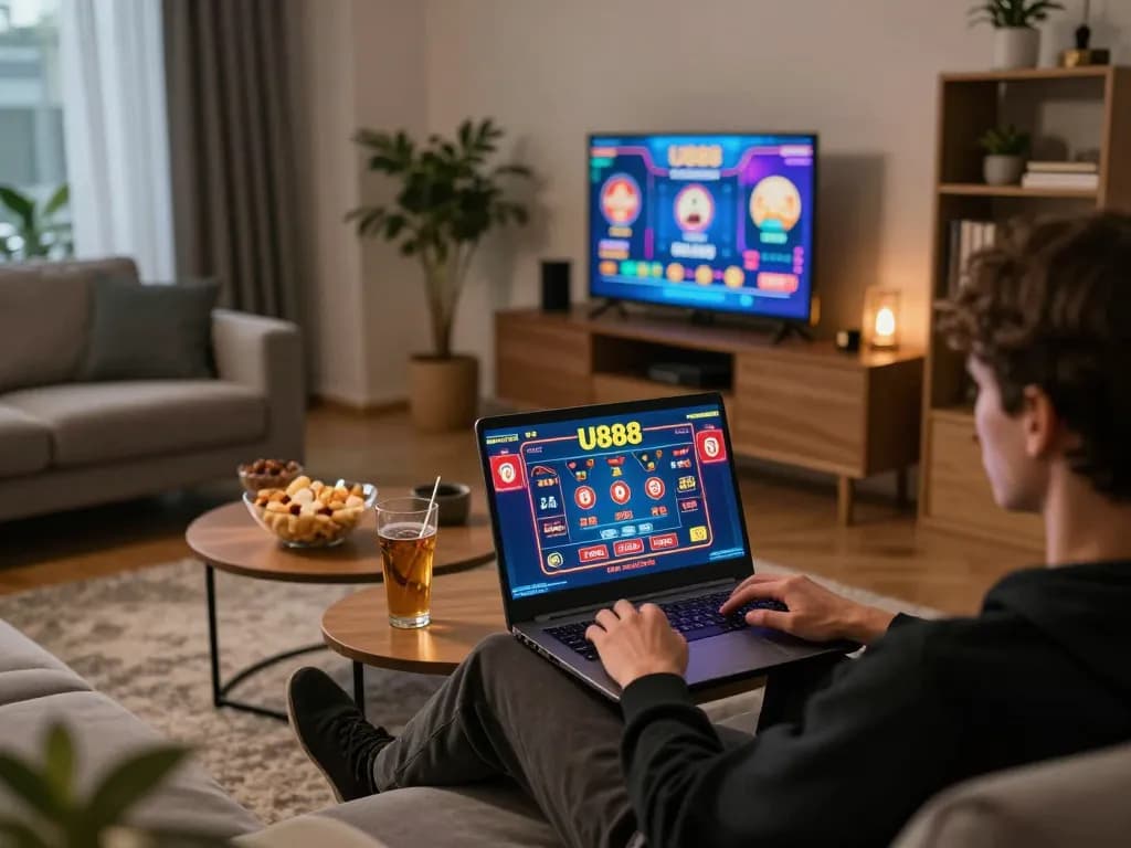 Engaging in online gambling at U888 with a stylish gaming setup