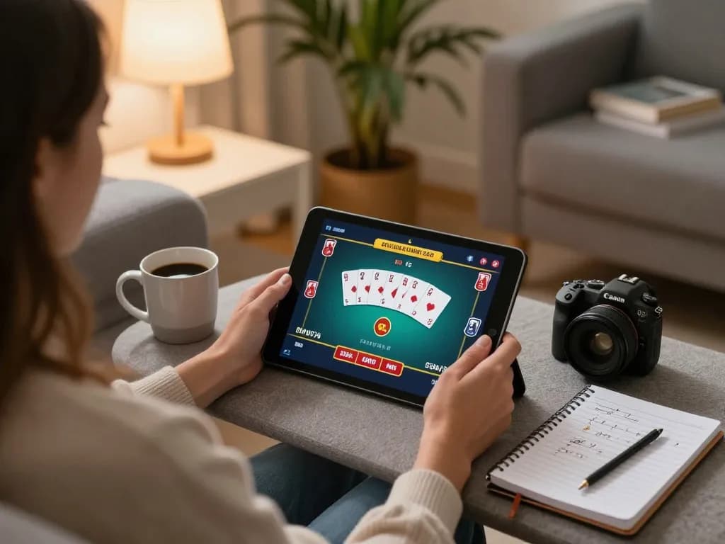 Engaged player using 789club app on tablet for online poker in comfortable home setting