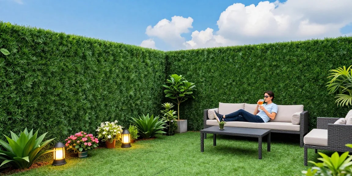 Leafely's prachtige buitenruimte verrijkt met levendige kunstheggen en decoratieve planten.