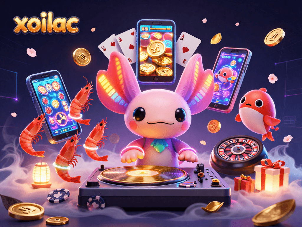 Spin to win with xoilac in this vibrant 3D casino illustration featuring a neon-themed DJ and lively aquatic friends.