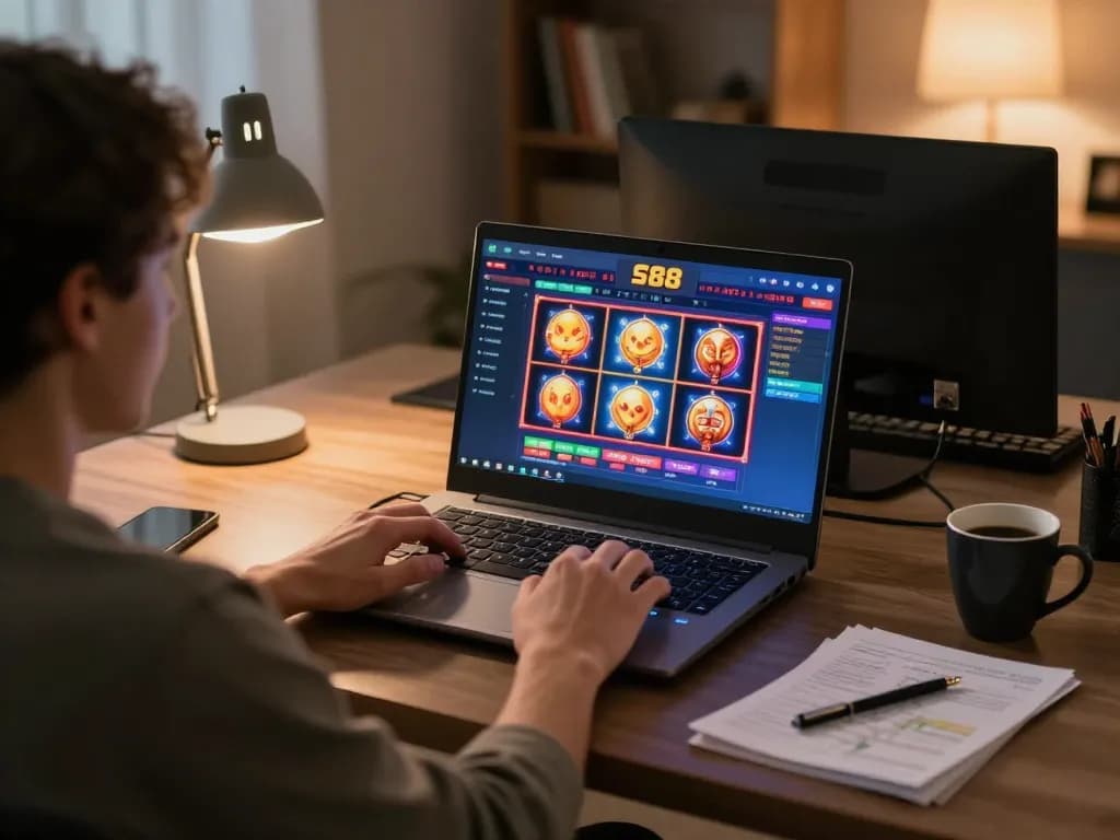 Engaging with sc88 online casino on laptop in a cozy home environment