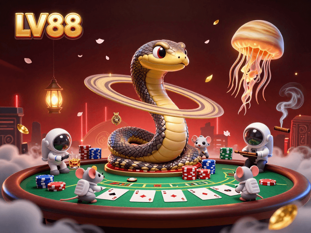 Experience thrilling action in LV88's cosmic casino realm with vibrant poker showdown and playful characters.