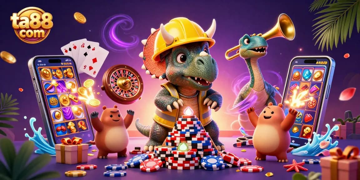 Experience gaming excitement at ta88 com with colorful slot reels, poker chips, and celebration.