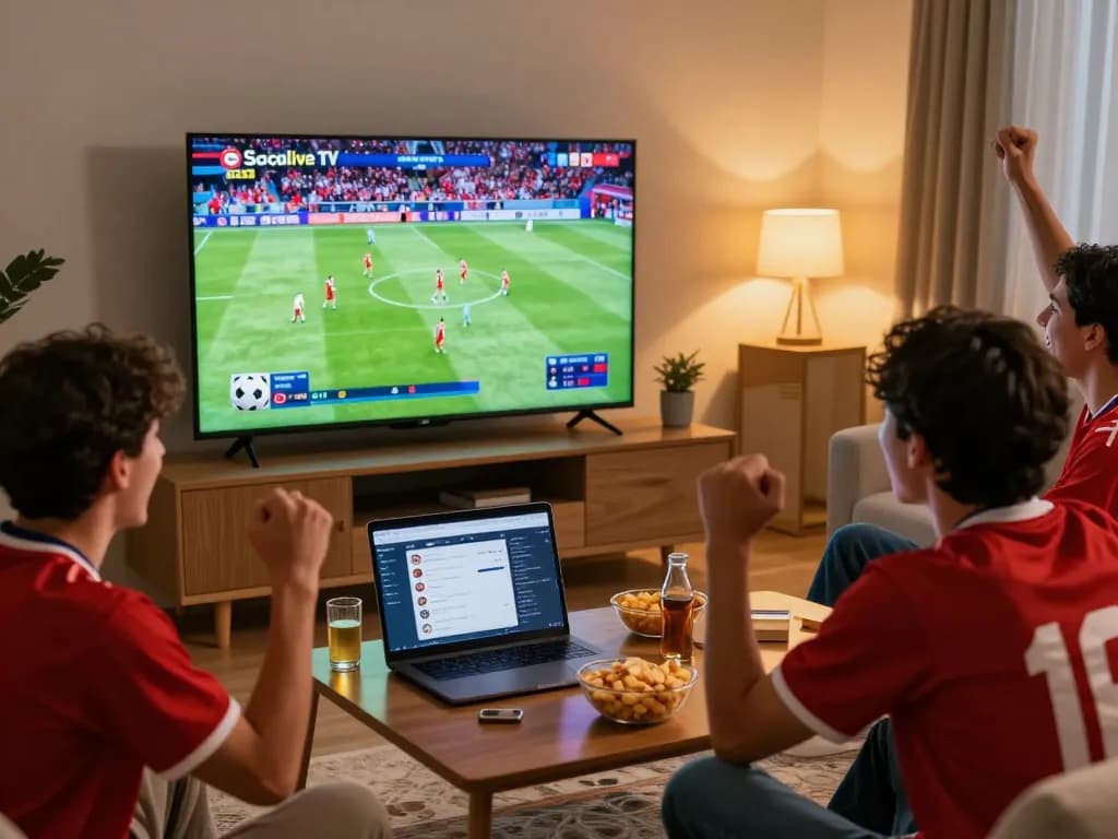 Socolive TV fans eagerly watch the match in a lively living room, celebrating together.
