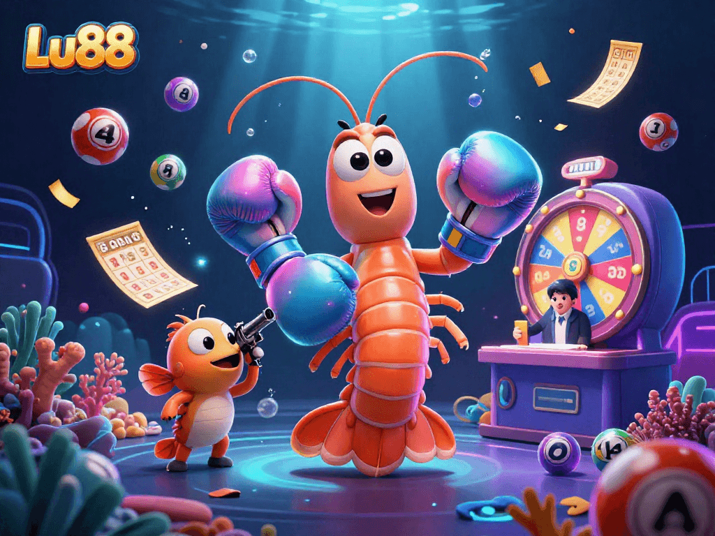 Lu88 showcases exciting lottery activities with vibrant characters surrounded by dynamic game elements.