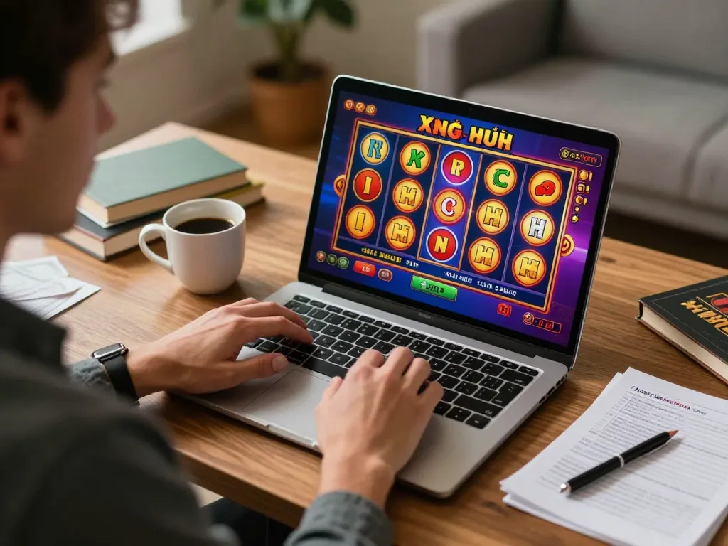Nổ hũ slots spin on laptop in a cozy home office setting, highlighting vibrant online gambling experience.