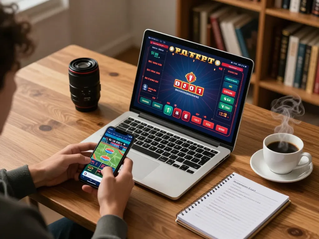 Player engaging in online casino gaming on a laptop while using the Sunwin betting app, surrounded by strategy notes.